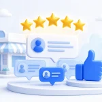 3D five-star review bubbles, a thumbs-up, and a local storefront