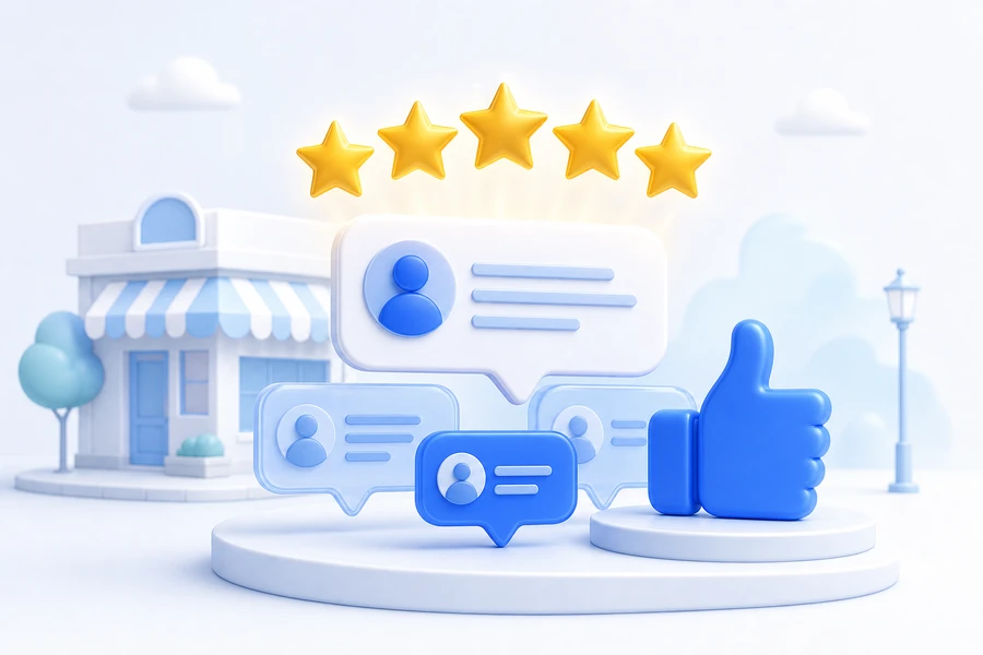 3D five-star review bubbles, a thumbs-up, and a local storefront