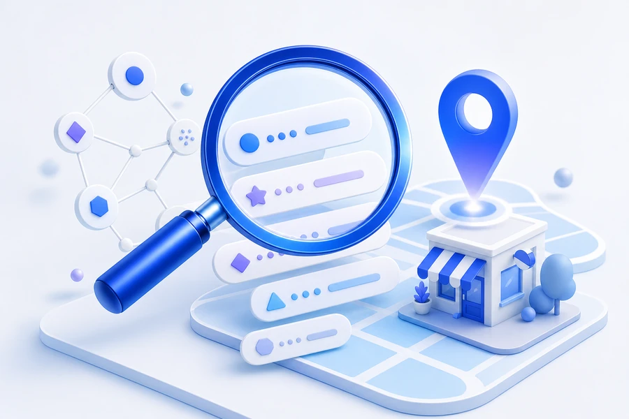 3D magnifying glass, search chips, semantic nodes, map pin, and storefront